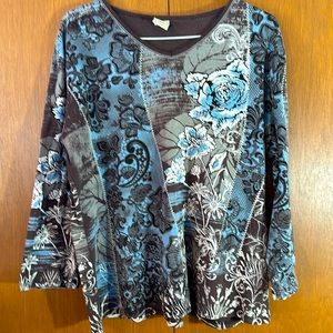 VINTAGE Jess&Jane USA.lg-xl.3/4 sleeves.V-neck Rhinestone flowers.Loose fitting.